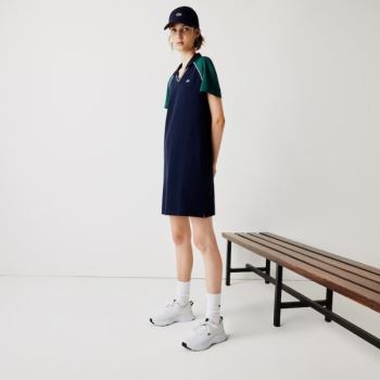 Lacoste SPORT Stretch Cotton Golf Polo Dress - Šaty Dámské Tmavě Blankyt Blankyt / Zelene / Bílé | C